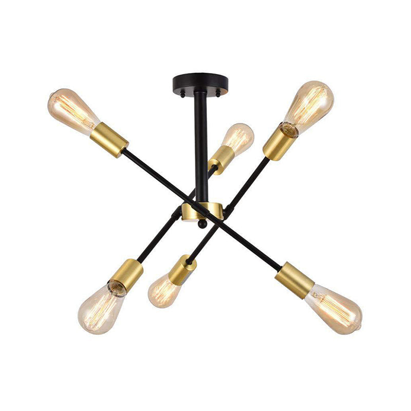 Lustre suspendu en fer noir de style industriel avec 6 têtes d'ampoule ouvertes
