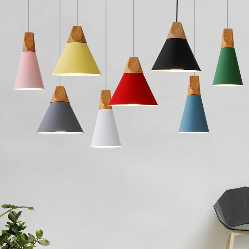 Metal Tapered Hanging Light - Nordic Style - 1-Light Restaurant Pendant Lamp with Wooden Top
