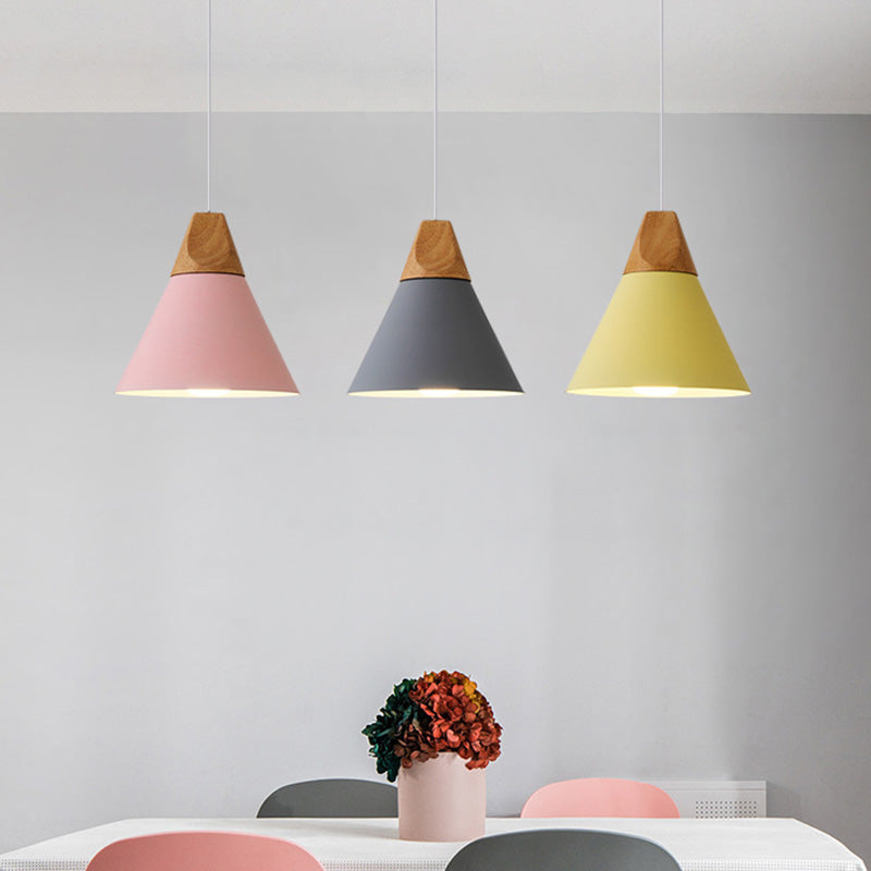 Metal Tapered Hanging Light - Nordic Style - 1-Light Restaurant Pendant Lamp with Wooden Top