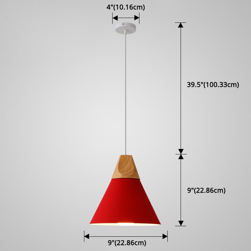 Metal Tapered Hanging Light - Nordic Style - 1-Light Restaurant Pendant Lamp with Wooden Top