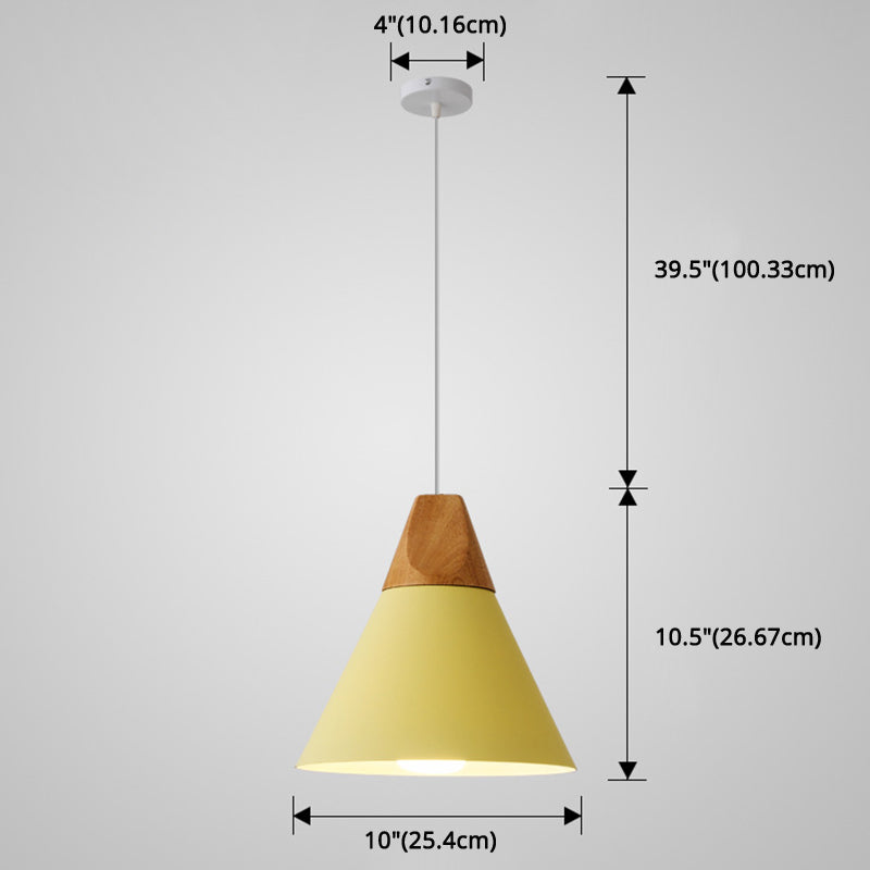 Metal Tapered Hanging Light - Nordic Style - 1-Light Restaurant Pendant Lamp with Wooden Top