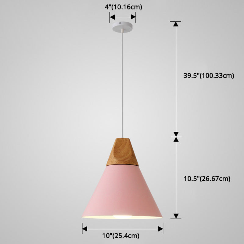Metal Tapered Hanging Light - Nordic Style - 1-Light Restaurant Pendant Lamp with Wooden Top