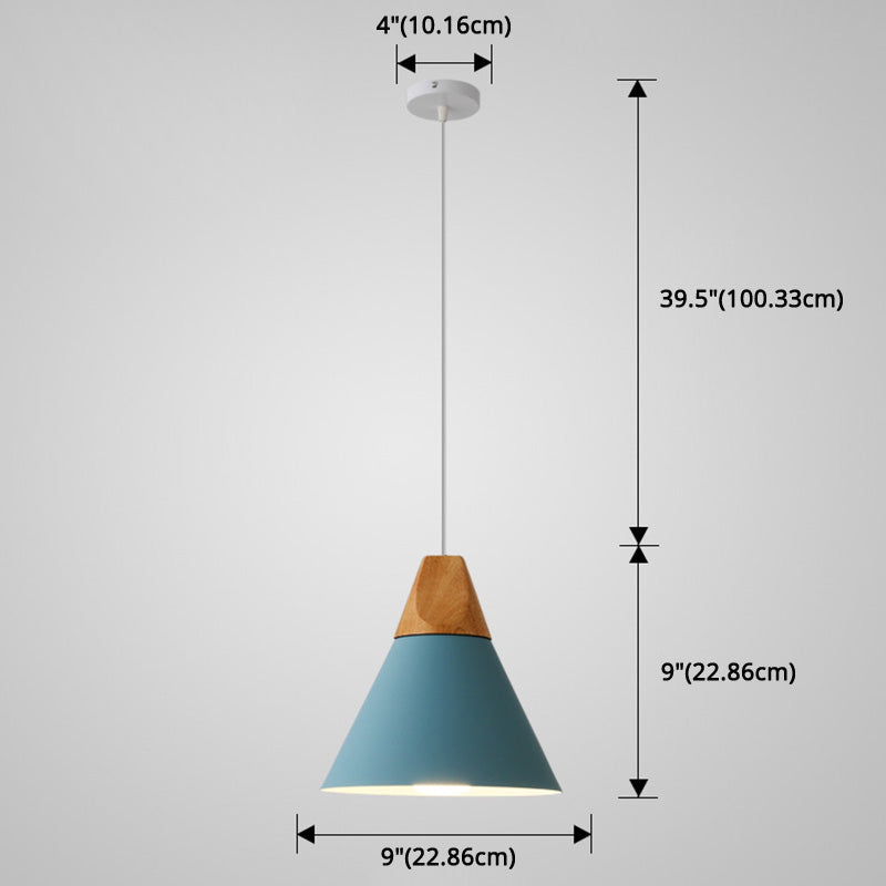 Metal Tapered Hanging Light - Nordic Style - 1-Light Restaurant Pendant Lamp with Wooden Top