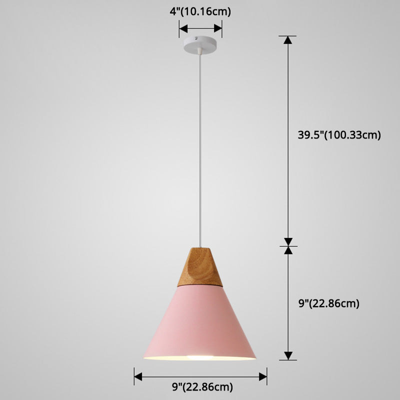 Metal Tapered Hanging Light - Nordic Style - 1-Light Restaurant Pendant Lamp with Wooden Top