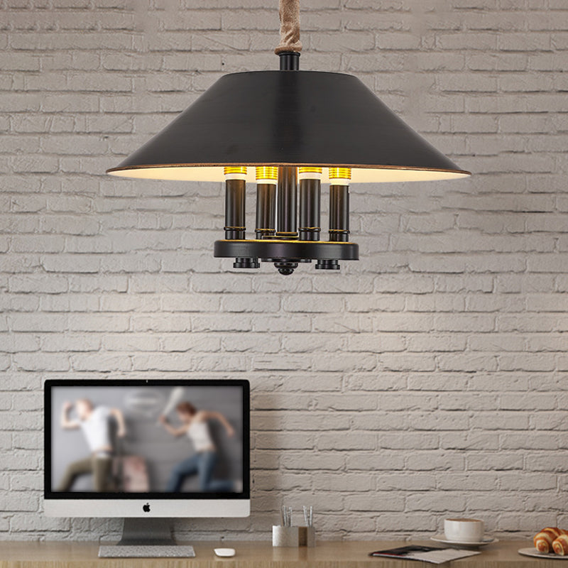 Vintage Black Cone Shade Chandelier with 4 Lights - Metal Pendant Lamp for Dining Room