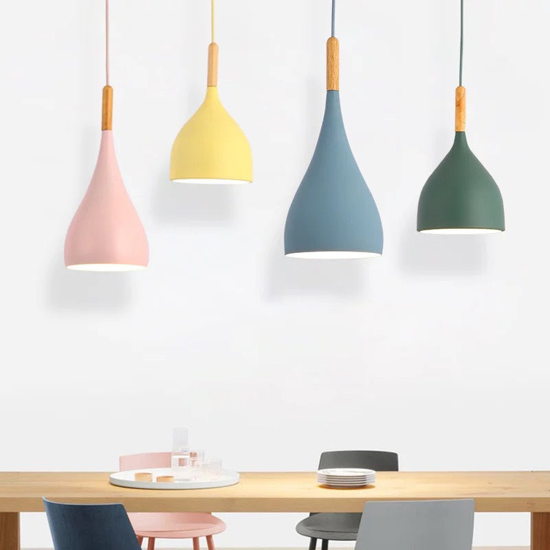 Nordic Style Metal Teardrop Hanging Light with Wooden Top - 1 Light Pendant Lamp for Restaurants