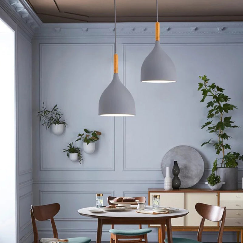 Nordic Style Metal Teardrop Hanging Light with Wooden Top - 1 Light Pendant Lamp for Restaurants