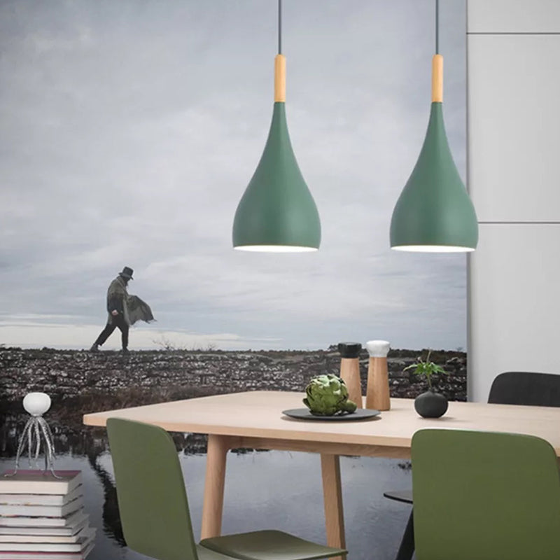 Nordic Style Metal Teardrop Hanging Light with Wooden Top - 1 Light Pendant Lamp for Restaurants