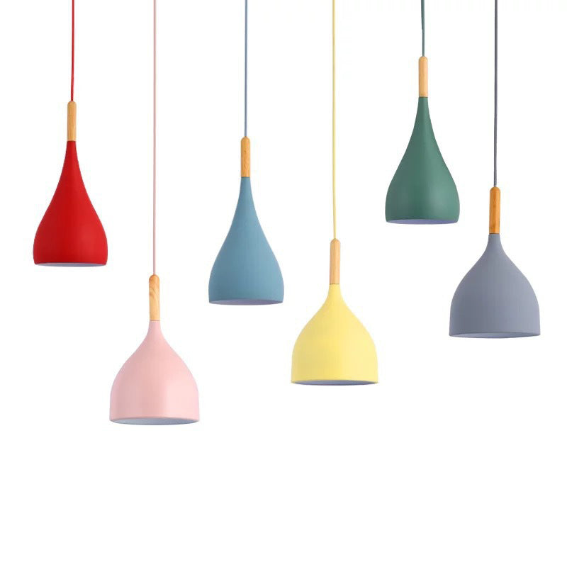 Nordic Style Metal Teardrop Hanging Light - 1 Ceiling Pendant Lamp With Wooden Top