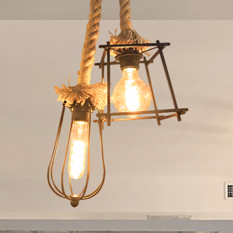 Lodge Style Black Caged Ceiling Fixture with Metal and Rope Hangings - 2 Lights and Unique Shade for Hallway Lighting