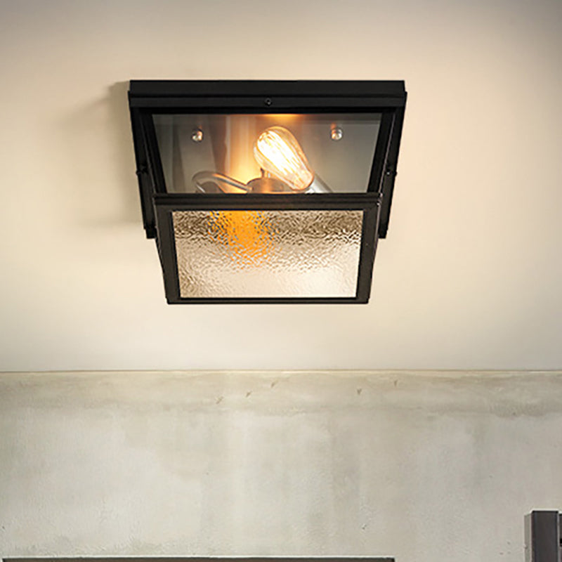 Industrial Flush Ceiling Fixture with Frosted Glass - 2 Lights, Black Finish