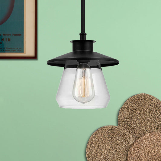 Modern Clear Glass Pendant Light with Black Cone Shade - Single Head Ceiling Fixture