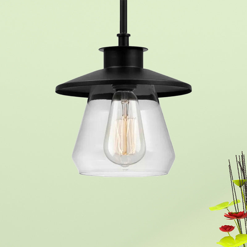 Modern Clear Glass Pendant Light with Black Cone Shade - Single Head Ceiling Fixture