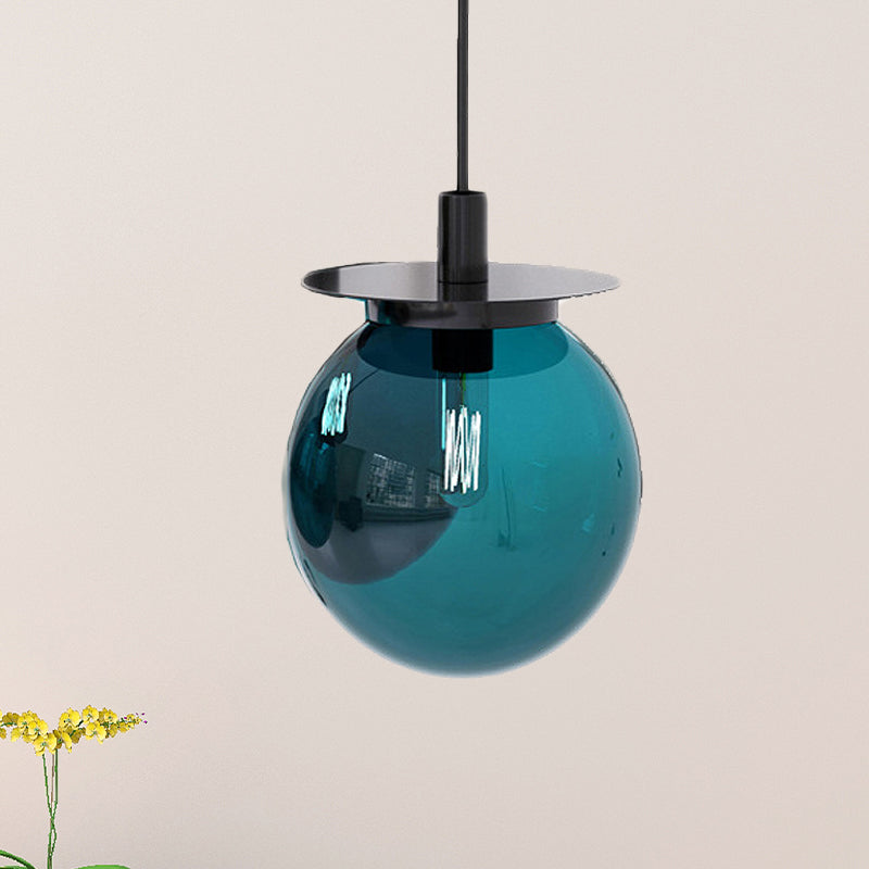 Modern Globe Dining Room Pendant Light Fixture - Orange/Blue/Clear Glass - 1 Head Hanging Lamp Kit