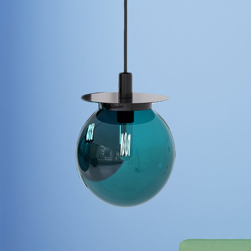 Modern Globe Dining Room Pendant Light Fixture - Orange/Blue/Clear Glass - 1 Head Hanging Lamp Kit