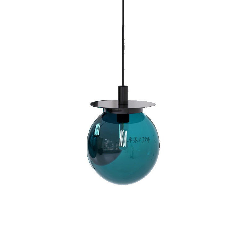 Modern Globe Dining Room Pendant Light Fixture - Orange/Blue/Clear Glass - 1 Head Hanging Lamp Kit