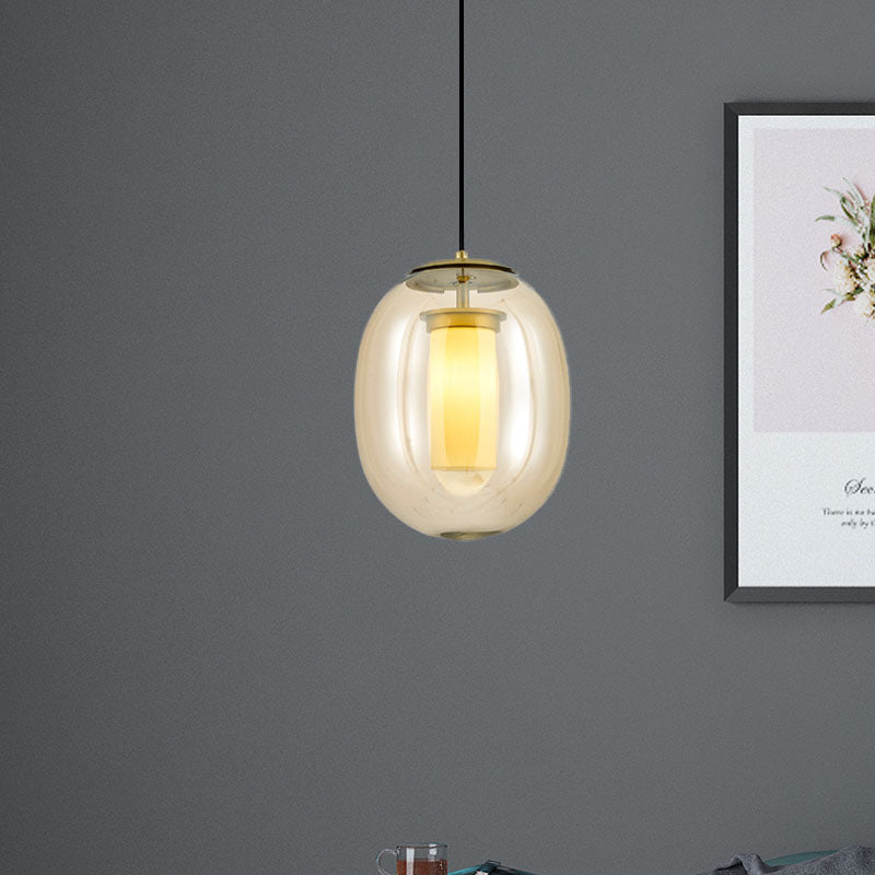 Contemporary Gold Pendant Light Kit - Clear Glass Oval Hanging Lamp, 7"/8.5" Wide, for Dining Room