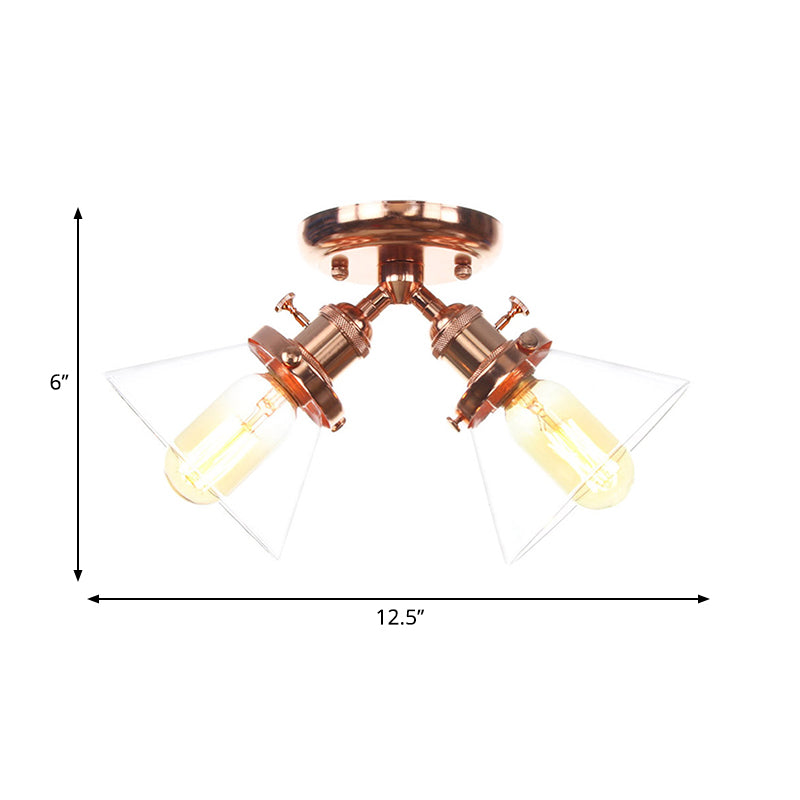 Vintage Style Restaurant Ceiling Light Fixture- 2 Heads, Black/Bronze Semi Flush Mount- Amber/Clear Conic Glass Shade