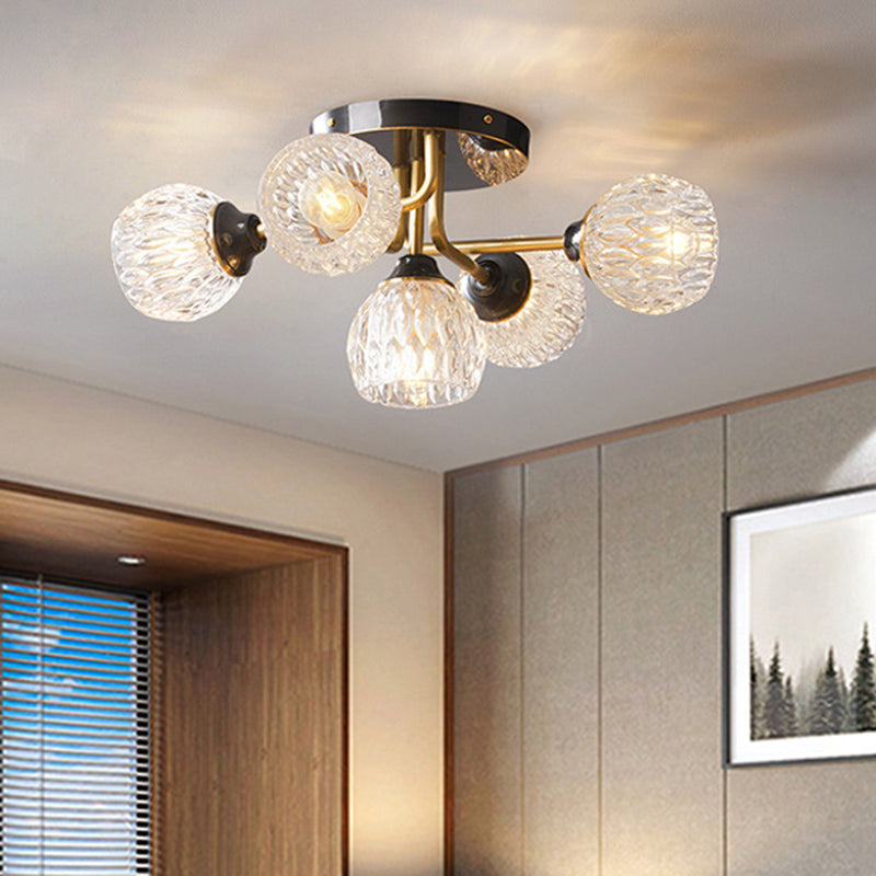 Ultra-Contemporary 5-Light Bowl Semi Flush Chandelier - Ribbed Glass Ceiling Light for Bedroom