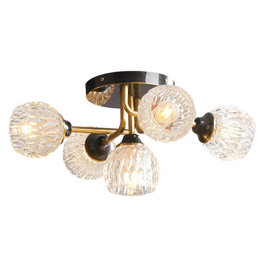 Ultra-Contemporary 5-Light Bowl Semi Flush Chandelier - Ribbed Glass Ceiling Light for Bedroom