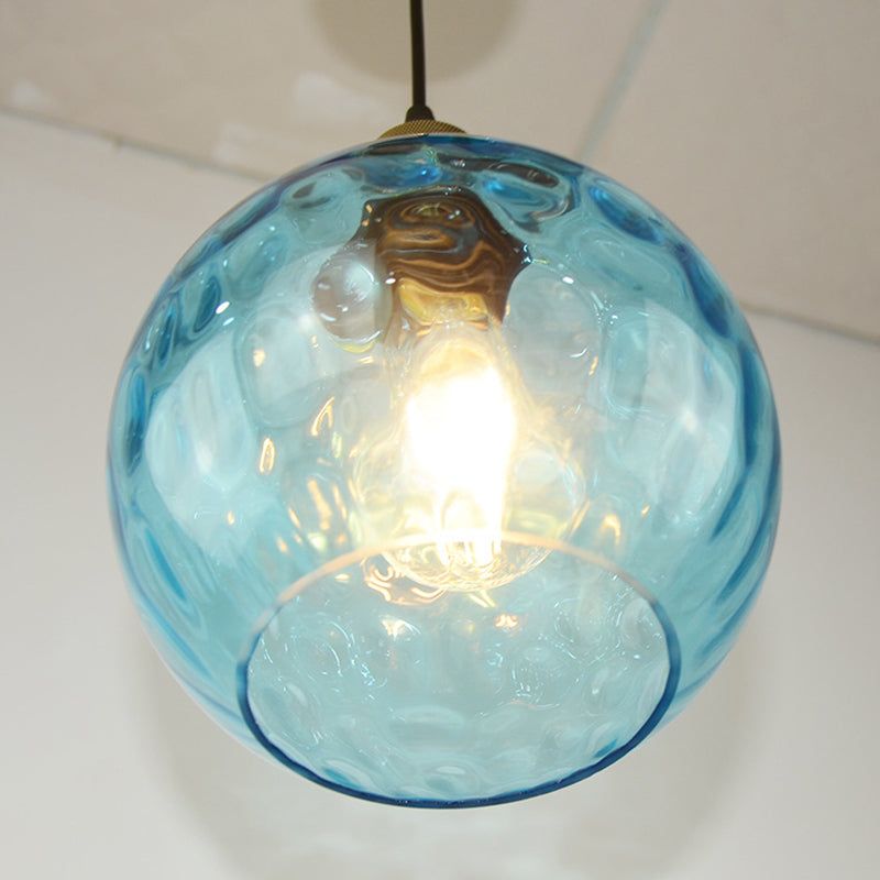 Vintage Industrial Blue Pendant Lamp with Spherical Ripple Glass - Ideal for Living Room