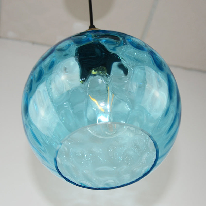 Vintage Industrial Blue Pendant Lamp with Spherical Ripple Glass - Ideal for Living Room