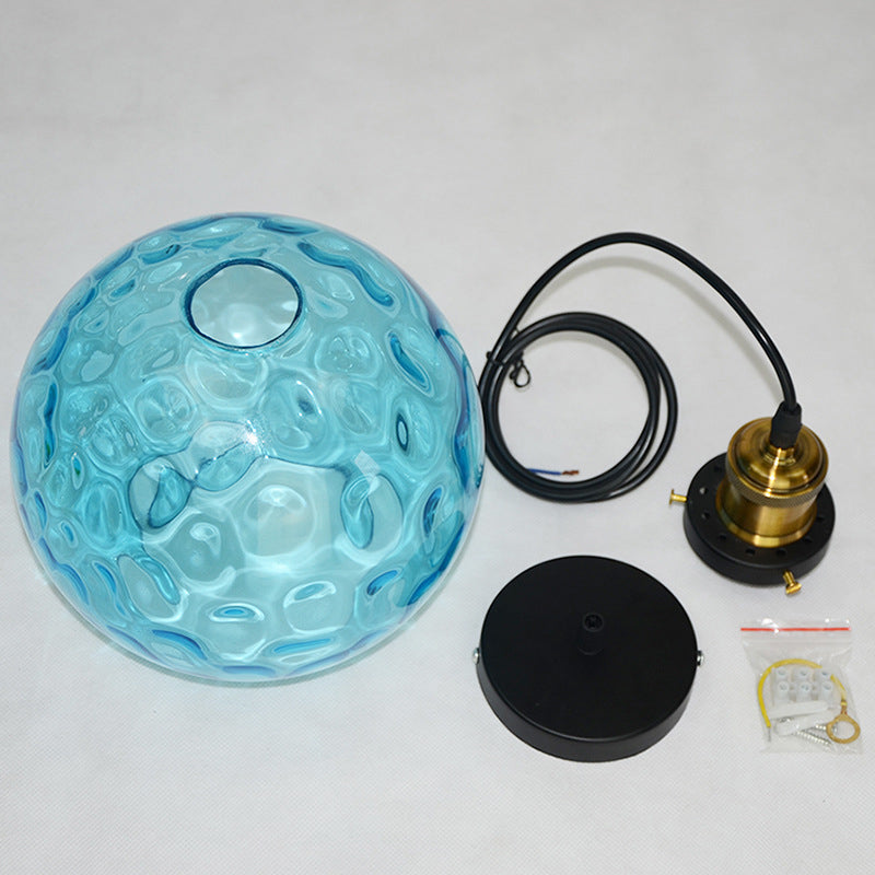 Vintage Industrial Blue Pendant Lamp with Spherical Ripple Glass - Ideal for Living Room