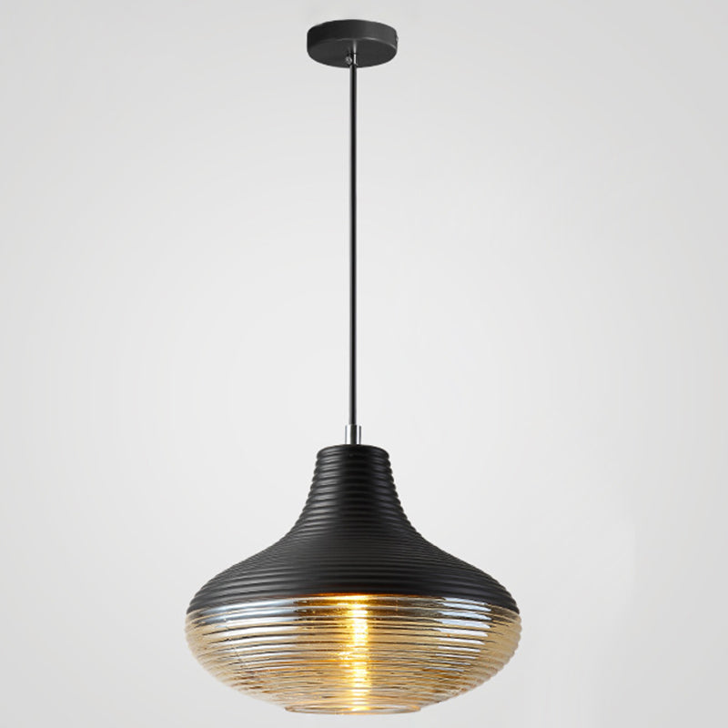 Suspension moderne en métal noir avec abat-jour en verre nervuré - Lampe suspendue à 1 lumière
