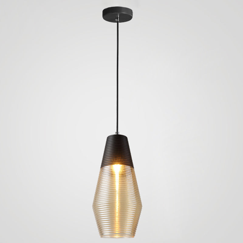 Suspension moderne en métal noir avec abat-jour en verre nervuré - Lampe suspendue à 1 lumière
