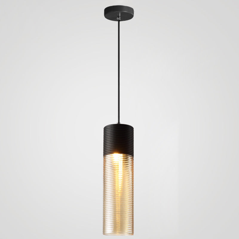 Suspension moderne en métal noir avec abat-jour en verre nervuré - Lampe suspendue à 1 lumière
