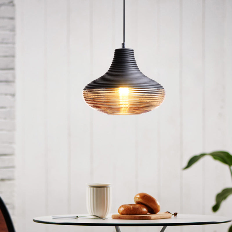 Suspension moderne en métal noir avec abat-jour en verre nervuré - Lampe suspendue à 1 lumière