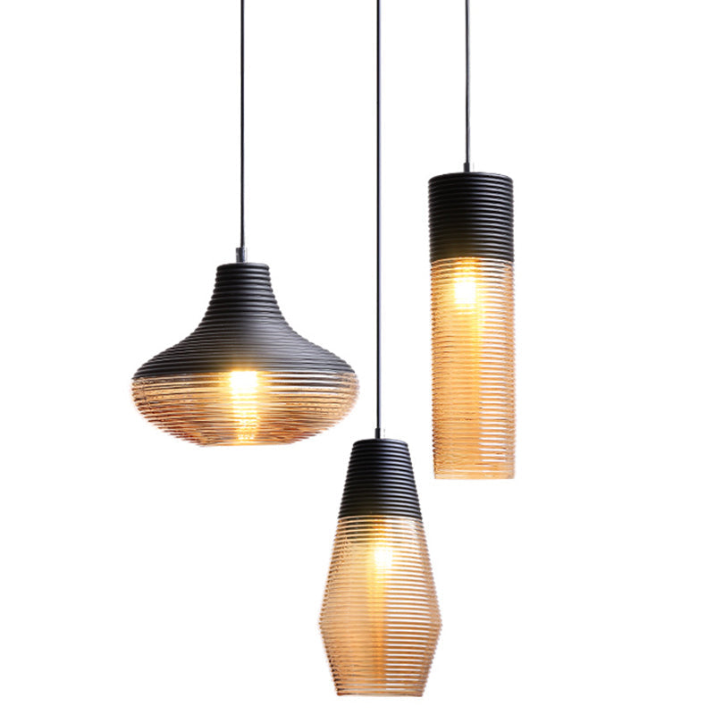 Suspension moderne en métal noir avec abat-jour en verre nervuré - Lampe suspendue à 1 lumière