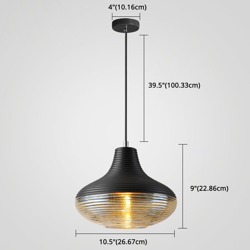 Suspension moderne en métal noir avec abat-jour en verre nervuré - Lampe suspendue à 1 lumière