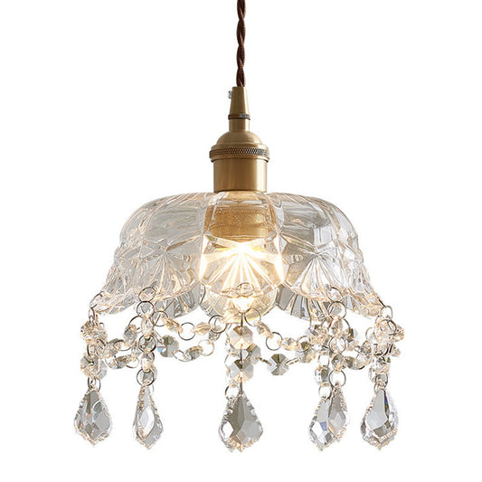 Suspension vintage en laiton avec abat-jour en verre transparent et goutte à goutte en cristal - Suspension de salle à manger d'inspiration florale