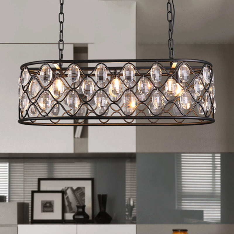 Vintage Black Crystal Drip Oval Hanging Light - 3 Heads Island For Dining Room