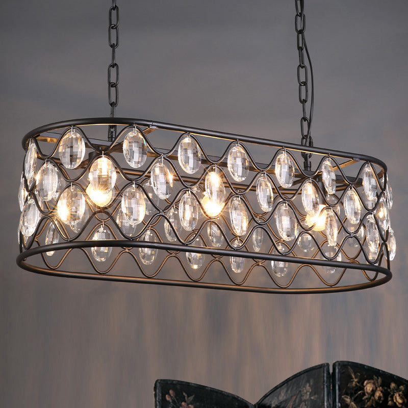 Vintage Black Crystal Drip Oval Hanging Light - 3 Heads Island For Dining Room