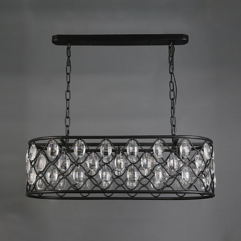 Vintage Black Crystal Drip Oval Hanging Light - 3 Heads Island For Dining Room