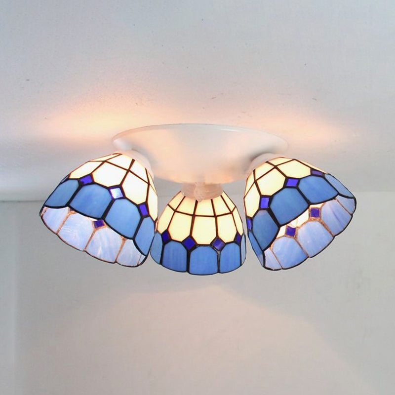 Dome Shade Tiffany Stained Glass Ceiling Light Fixture - 3 Heads, White/Clear