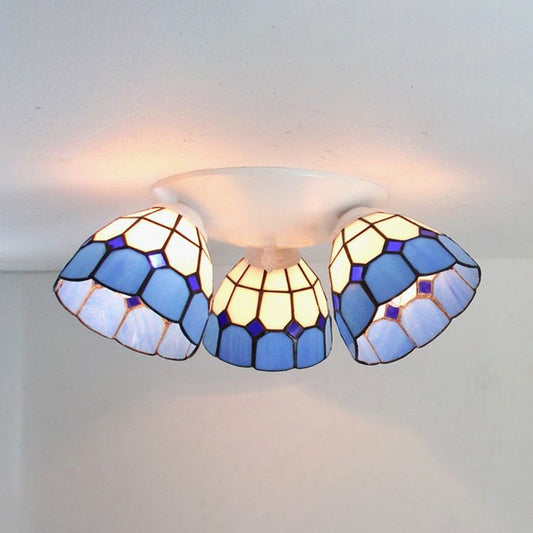Dome Shade Tiffany Stained Glass Ceiling Light Fixture - 3 Heads, White/Clear