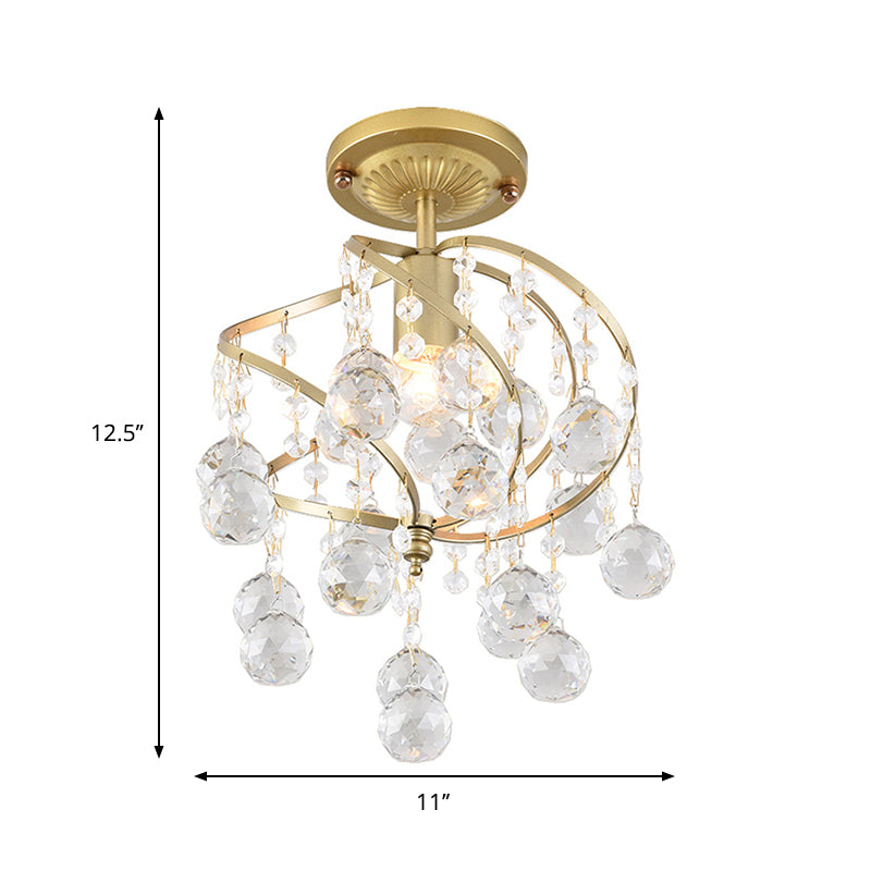 Plafonnier semi-encastré contemporain en spirale - Luminaire de couloir doré métallique à 1 lumière avec goutte de cristal