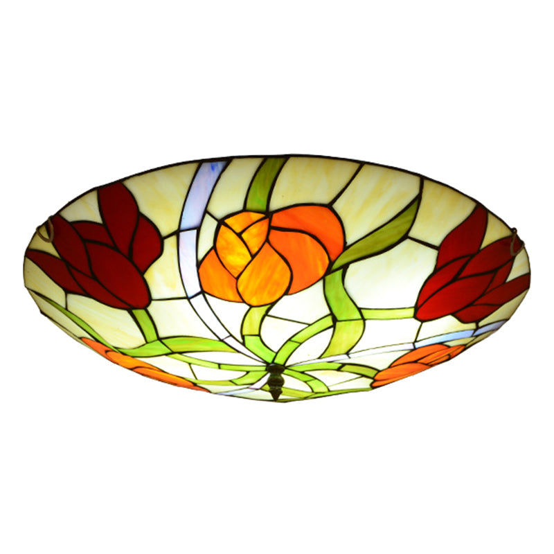 Tiffany-Style Multicolored Stained Glass Flower Flush Mount Ceiling Light Fixture Orange-Red / 12