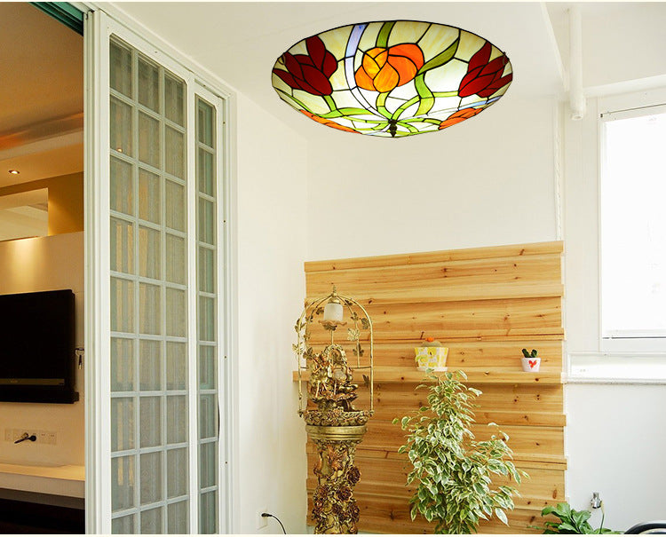 Tiffany-Style Multicolored Stained Glass Flower Flush Mount Ceiling Light Fixture