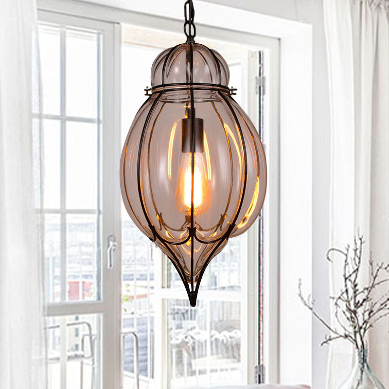 Suspension industrielle simple avec larme en verre transparent et finition noire pour restaurants