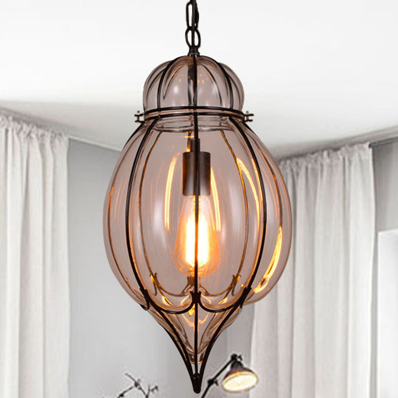 Suspension industrielle simple avec larme en verre transparent et finition noire pour restaurants
