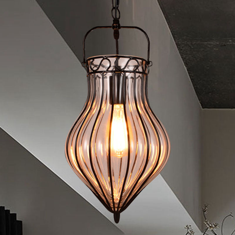 Suspension industrielle simple avec larme en verre transparent et finition noire pour restaurants