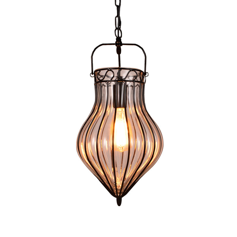 Suspension industrielle simple avec larme en verre transparent et finition noire pour restaurants