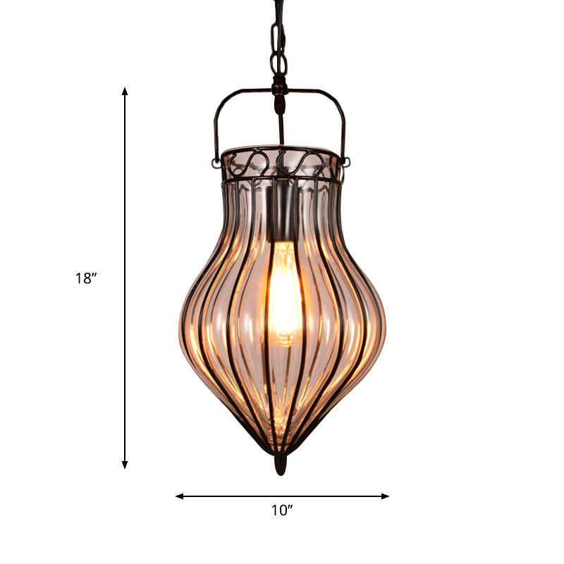 Suspension industrielle simple avec larme en verre transparent et finition noire pour restaurants