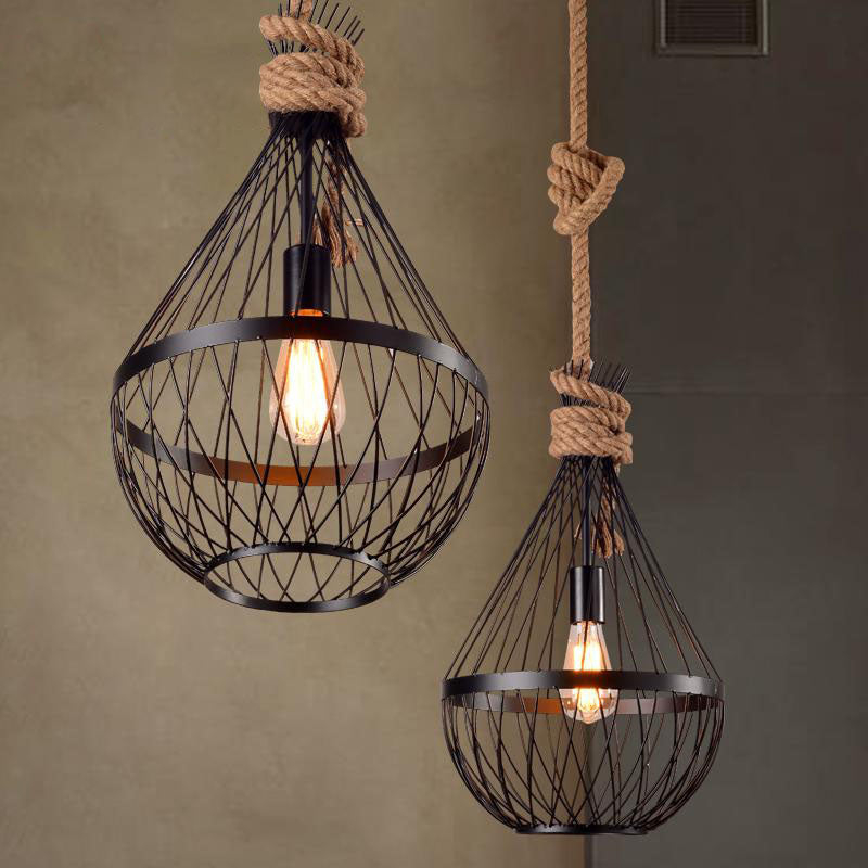 Lampe suspendue en forme de larme : lampe suspendue avec cadre en fil métallique noir et corde de 39 po - Style campagnard