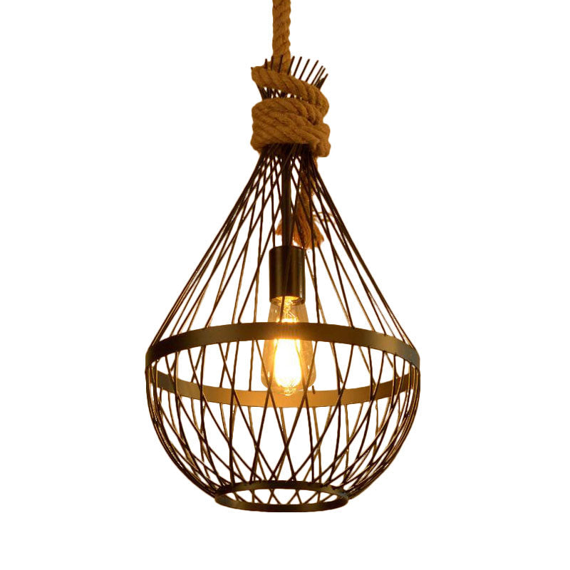 Lampe suspendue en forme de larme : lampe suspendue avec cadre en fil métallique noir et corde de 39 po - Style campagnard