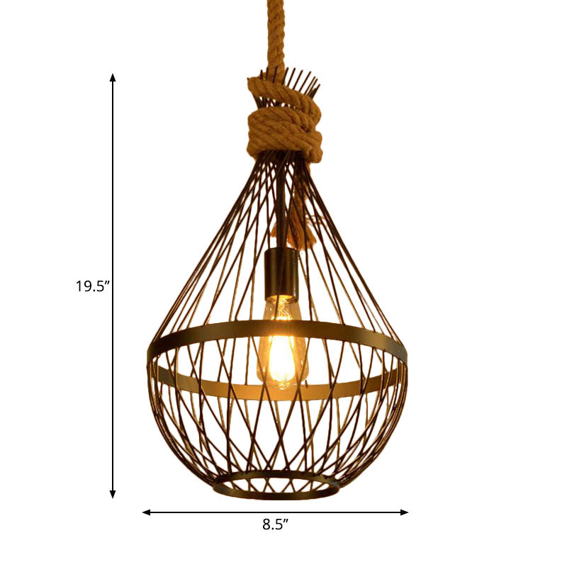 Lampe suspendue en forme de larme : lampe suspendue avec cadre en fil métallique noir et corde de 39 po - Style campagnard